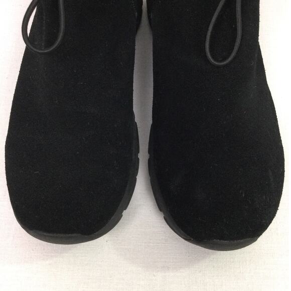 Lands End Suede Faux Fur Trim Quilted Accent Round Toe Black Ankle Bootie 7B - Picture 3 of 13